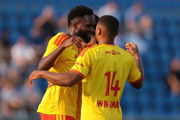 Como, Italy, 28th July 2026. Odsonne Edward of Racing Club de Lens celebrates with team mates after scoring to give the side a 1-0 lead during the Crystal Palace vs Racing Club de Lens Pre Season Friendly match at Stadio Giuseppe Sinigaglia, Como. Picture credit should read: Jonathan Moscrop Sportimage EDITORIAL USE ONLY. No use with unauthorised audio, video, data, fixture lists, club league logos or live services. Online in-match use limited to 120 images, no video emulation. No use in betting, games or single club league player publications. SPI_009_JM_PALACE_LENS SPI-4866-0019