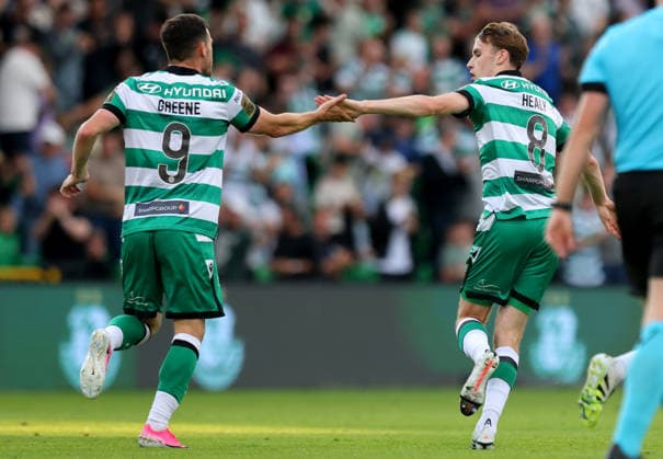 UEFA Champions League Second Qualifying Round Second Leg, Tallaght Stadium, Dublin 28 7 2026 Shamrock Rovers vs Ararat Armenia Shamrock Rovers Matthew Healy celebrates scoring his sides first goal with Aaron Greene Matthew Healy celebrates scoring his sides first goal with Aaron Greene 28 7 2026  Copyright: xx RB2_6914