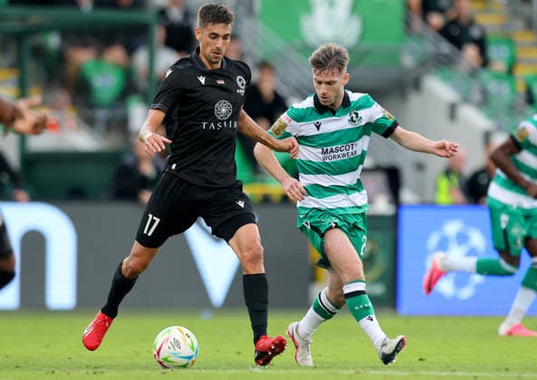 UEFA Champions League Second Qualifying Round Second Leg, Tallaght Stadium, Dublin 28 7 2026 Shamrock Rovers vs Ararat Armenia Shamrock Rovers Jack Byrne and Maxence Carlier of Ararat Armenia Jack Byrne and Maxence Carlier 28 7 2026  Copyright: xx RB2_7320
