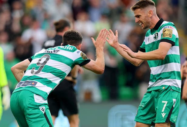 UEFA Champions League Second Qualifying Round Second Leg, Tallaght Stadium, Dublin 28 7 2026 Shamrock Rovers vs Ararat Armenia Shamrock Rovers Aaron Greene celebrates scoring his sides second goal with Dylan Watts Aaron Greene celebrates scoring his sides second goal with Dylan Watts 28 7 2026  Copyright: xx RB2_7618