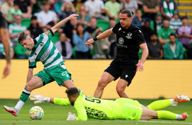 UEFA Champions League Second Qualifying Round Second Leg, Tallaght Stadium, Dublin 28 7 2026 Shamrock Rovers vs Ararat Armenia Shamrock Rovers Connor Malley and Joao Bravim of Ararat Armenia Connor Malley and Joao Bravim 28 7 2026  Copyright: xx RB2_7550