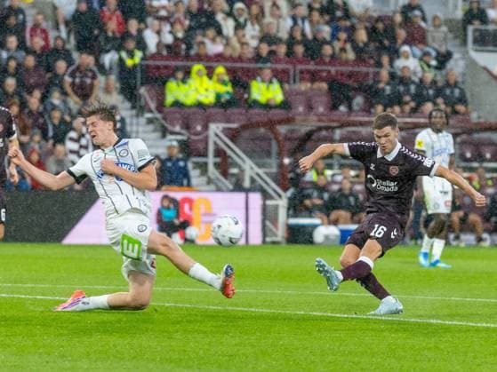 Blair Spittal of Heart of Midlothian takes a shot at goal during the Hearts v Sturm Graz second leg of their Champions League second qualifying round at Tynecastle Stadium on Tuesday 28th July 2026 Heart of Midlothian v Sturm Graz, UEFA Champions League, 2nd Qualifying Round, 2nd Leg, Football, Tynecastle Park, Edinburgh, Scotland, UK - 28 Jul 2026Edinburgh Tynecastle Park Scotland United Kingdom  Copyright: xAlanxRennie Shutterstockx 17015998dl