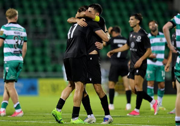 UEFA Champions League Second Qualifying Round Second Leg, Tallaght Stadium, Dublin 28 7 2026 Shamrock Rovers vs Ararat Armenia Ararat Armenia s Alexandros Malis and Armen Ambartsumyan celebrate after the game Alexandros Malis and Armen Ambartsumyan celebrate after the game 28 7 2026  Copyright: xx RB2_0330