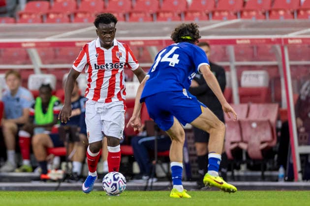 RECORD DATE NOT STATED 28th July 2026; Bet365 Stadium, Stoke, Staffordshire, England; Friendly Football, Stoke City versus Everton; Favour Fawunmi of Stoke City under pressure from Merlin Rohl of Everton TimxWilliams