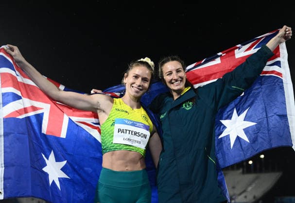 COM26 ATHLETICS, Gold medalist Eleanor Patterson of Australia and Silver medalist Nicola Olyslagers of Australia pose following the Women™s High Jump Final during the Glasgow 2026 Commonwealth Games at Scotstoun Stadium in Glasgow, Scotland, Tuesday, July 28, 2026. ( NO ARCHIVING, EDITORIAL USE ONLY Glasgow United Kingdom  Copyright: xJOELxCARRETTx 20260729152595031103