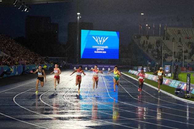 RECORD DATE NOT STATED 28th July 2026; Glasgow, Scotland; 2026 Commonwealth Games, Day Six; Womens 100m final finish line photo as Zoe Hobbs of New Zealand in lane 7 wins AlecxBrown