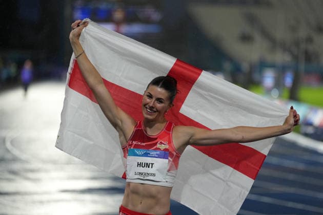 RECORD DATE NOT STATED 28th July 2026; Glasgow, Scotland; 2026 Commonwealth Games, Day Six; Amy Hunt of England celebrates her second place finish in the Womens 100m final with a time of 10 98 seconds AlecxBrown