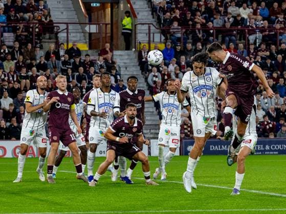 Oisin McEntee of Heart of Midlothian header towards goal during the Hearts v Sturm Graz second leg of their Champions League second qualifying round at Tynecastle Stadium on Tuesday 28th July 2026 Heart of Midlothian v Sturm Graz, UEFA Champions League, 2nd Qualifying Round, 2nd Leg, Football, Tynecastle Park, Edinburgh, Scotland, UK - 28 Jul 2026Edinburgh Tynecastle Park Scotland United Kingdom  Copyright: xAlanxRennie Shutterstockx 17015998fj