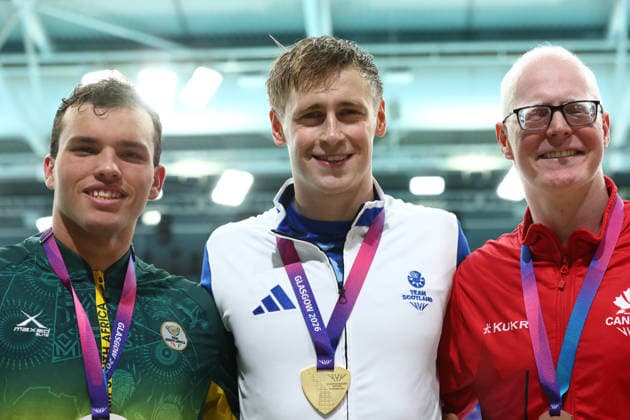 July 28, 2026, Glasgow, Scotland, Great Britain: (L-R) STEPHEN CLEGG, NATHAN HENDRICKS and NICOLAS GUY TURBIDE are the gold, silver and bronze medal winners in the Swimming Men s 50m Freestyle SB13 Final of the Commonwealth Games Glasgow 2026 at the Tollcross International Swimming Centre in Glasgow, Scotland. Commowealth Games 2026: Swimming  - ZUMAc179 20260728_zep_c179_007 Copyright: xMickaelxChavetx