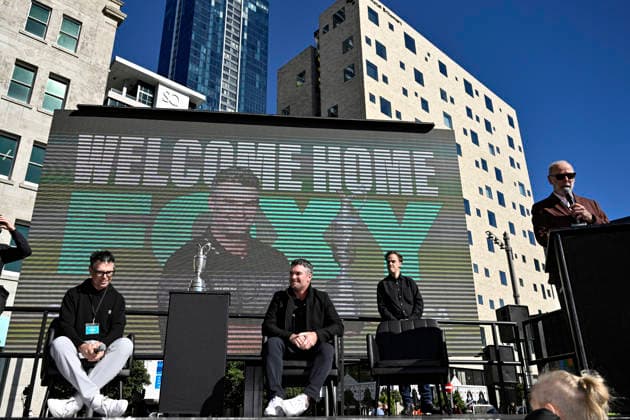Marcus Wheelhouse, Ryan Fox and Guy Heveldt on stage as Auckland mayor Wayne Brown speaks during the Public welcome home celebration for New Zealand golfer Ryan Fox on bringing the Claret Jug home after his historic Open Championship win. Takutai Square, Auckland, New Zealand on Tuesday 28 July 2026. Photo: Alan Lee Auckland New Zealand Copyright: xAlanxLeex xPhotosportx