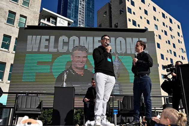 Marcus Wheelhouse speaks with MC Guy Heveldt on stage during the Public welcome home celebration for New Zealand golfer Ryan Fox on bringing the Claret Jug home after his historic Open Championship win. Takutai Square, Auckland, New Zealand on Tuesday 28 July 2026. Photo: Alan Lee Auckland New Zealand Copyright: xAlanxLeex xPhotosportx