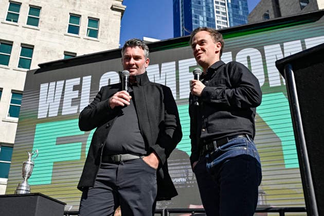 Ryan Fox and MC Guy Heveldt on stage during the Public welcome home celebration for New Zealand golfer Ryan Fox on bringing the Claret Jug home after his historic Open Championship win. Takutai Square, Auckland, New Zealand on Tuesday 28 July 2026. Photo: Alan Lee Auckland New Zealand Copyright: xAlanxLeex xPhotosportx