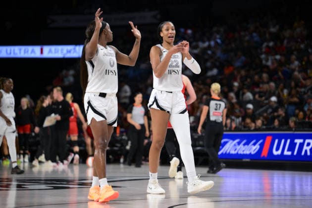 Basketball, Frauen, WNBA, Las Vegas Aces - Portland Fire July 28, 2026, Las Vegas, Nevada, USA: AJA WILSON 22 looking at the camera during WNBA, Basketball Damen, USA Regular Season at the Michelob Ultra Arena in Las Vegas. WNBA 2026: Las Vegas Aces Leading Over Porland Fire 53-37 In The Half Time  - ZUMAo117 20260728_zsp_o117_010 Copyright: xMikaelxOnax