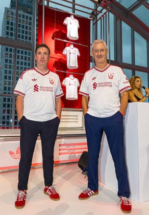 Football - Pre-Season - Liverpool FC 2026 27 Away Kit Launch NEW YORK, USA - Tuesday, July 28, 2026: Liverpool legends Robbie Fowler (L) and Ian Rush wearing the newLiverpool FC 2026 27 Adidas away kit during a launch event at the Refinery in Williamsburg, New York. (Photo by David Rawcliffe Propaganda) WILLIAMSBURG The Refinery NEW YORK UNITED STATES OF AMERICA  Copyright: xDavidxRawcliffex 2026-07-28-127-Liverpool_Adidas_Away_Kit_Launch