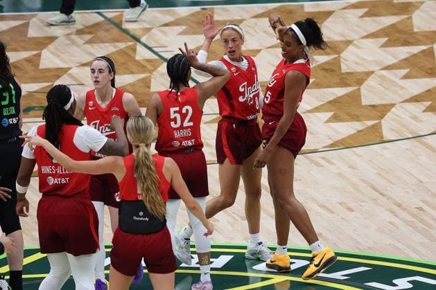July 28, 2026, Seattle, Washington, USA: Indiana Fever guard SOPHIE CUNNINGHAM (8) reacts in the first quarter of the WNBA, Basketball Damen, USA match between the Seattle Storm and Indiana Fever at Climate Pledge Arena in Seattle. Seattle USA - ZUMAd218 20260728_zsp_d218_023 Copyright: xRichardxDizonx