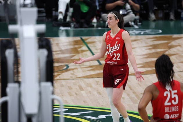 July 28, 2026, Seattle, Washington, USA: Indiana Fever guard CAITLIN CLARK (22) reacts in the fourth quarter of the WNBA, Basketball Damen, USA match between the Seattle Storm and Indiana Fever at Climate Pledge Arena in Seattle. WNBA 2026: Indiana 105:95 Seattle  - ZUMAd218 20260728_zsp_d218_038 Copyright: xRichardxDizonx