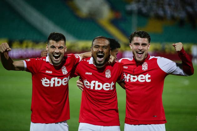 IPA87081093 - CSKA 1948 players Frederic Maciel, Elias Franco, and Jules Meyer celebrate after the Conference League qualifying match between FC CSKA 1948 and Spartak Trnava at Vasil Levski Stadium in Sofia, Bulgaria, on July 28, 2026  Copyright: xIvanxSxIvanov IPAxSportx xx 87081093