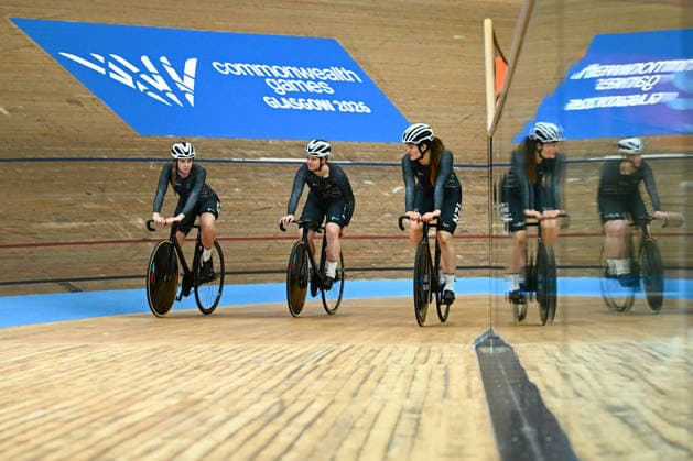 Glasgow 2026 Commonwealth Games Picture by Olly Hassell SWpix.com - 29 07 2026 - Glasgow 2026 Commonwealth Games - Track cycling, Rad, Radsport, Bahnrad, Bahn and Para Track Cycling - Sir Chris Hoy Velodrome, Glasgow, Scotland - Training - Ellesse Andrews, Rebecca Petch, Olivia King of New Zealand Copyright: x xSWpix.comx(t axPhotographyxHubxLtd)xOllyxHassell SWpix.comx SWP-3419-0005