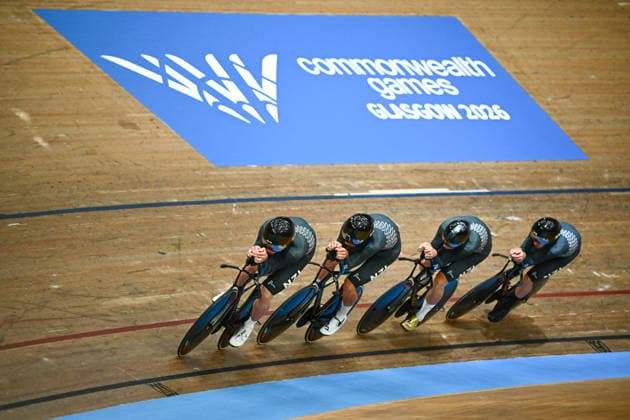 Glasgow 2026 Commonwealth Games Picture by Olly Hassell SWpix.com - 29 07 2026 - Glasgow 2026 Commonwealth Games - Track cycling, Rad, Radsport, Bahnrad, Bahn and Para Track Cycling - Sir Chris Hoy Velodrome, Glasgow, Scotland - Training - New Zealand men™s team pursuit Copyright: x xSWpix.comx(t axPhotographyxHubxLtd)xOllyxHassell SWpix.comx SWP-3419-0008