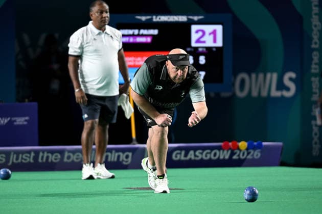 COM26 BOWLS, Ali Forsyth of New Zealand bowls during the Men™s Pairs Bowls in the Glasgow 2026 Commonwealth Games at SEC Centre Hall 3 in Glasgow, Scotland, Thursday, July 23, 2026. ( NO ARCHIVING, EDITORIAL USE ONLY Glasgow Scotland United Kingdom  Copyright: xLUKASxCOCHx 20260729116184073849