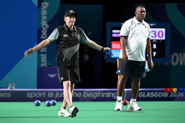 COM26 BOWLS, Tony Grantham (left) of New Zealand celebrate reacts during the Men™s Pairs Bowls in the Glasgow 2026 Commonwealth Games at SEC Centre Hall 3 in Glasgow, Scotland, Thursday, July 23, 2026. ( NO ARCHIVING, EDITORIAL USE ONLY Glasgow Scotland United Kingdom  Copyright: xLUKASxCOCHx 20260729138092917601