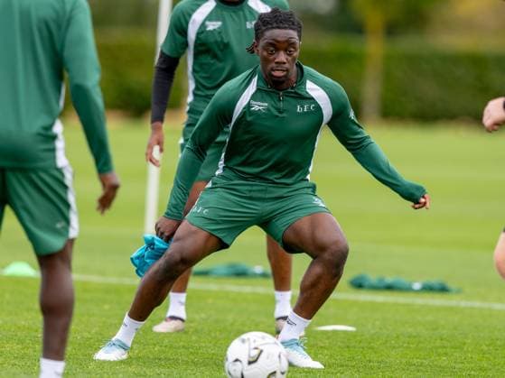 Kanayo Megwa of Hibernian during a training session ahead of the clash with KF Malisheva Hibernian Training, Football, Hibernian Training Centre, Edinburgh, Scotland, UK - 29 Jul 2026Edinburgh Hibernian Training Centre Scotland United Kingdom EDITORIAL USE ONLY No use with unauthorised audio, video, data, fixture lists, club league logos or live services. Online in-match use limited to 120 images, no video emulation. No use in betting, games or single club league player publications.  Copyright: xAlanxRennie Shutterstockx 17016053bu