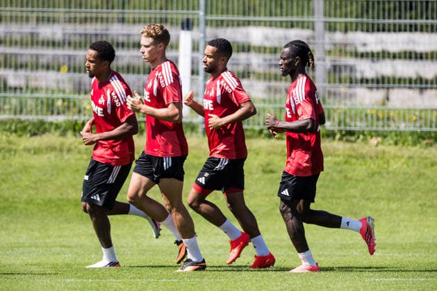 ST. JOHANN IN TIROL, AUSTRIA - JULY 29: Youssoupha Niang (1. FC Koeln, 38), Sebastian Sebulonsen (1. FC Koeln, 28), Linton Maina (1. FC Koeln, 37), Gideon Mensah (1. FC Koeln, 14) running during a training session at trainings camp in Kitzbuehel of season 2026 27 at Koasastadion on July 29, 2026 in St. Johann in Tirol, Austria. Austria Copyright: xSteffiexWunderlx