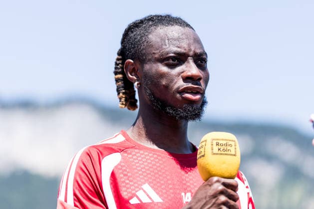 ST. JOHANN IN TIROL, AUSTRIA - JULY 29: Gideon Mensah (1. FC Koeln, 14) during a media session during a training session at trainings camp in Kitzbuehel of season 2026 27 at Koasastadion on July 29, 2026 in St. Johann in Tirol, Austria. Austria Copyright: xSteffiexWunderlx