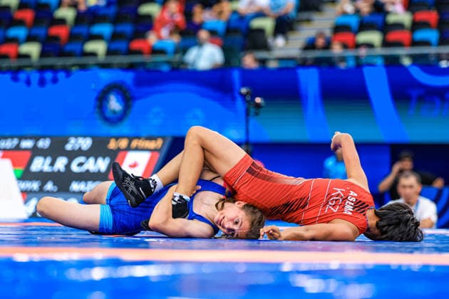 U17, U 17 Wrestling World Championships 43kg WW - Valeriia Yatskiv (UKR) df. Asema Asangaryeva (KGZ) *** U17 Wrestling World Championships, 43 kg WW: Valeriia Yatskiv (UKR) defeated Asema Asangaryeva (KGZ) by fall Copyright: xUnitedxWorldxWrestlingx xAmirrezx UWW-U17-WC-BAKU-2026
