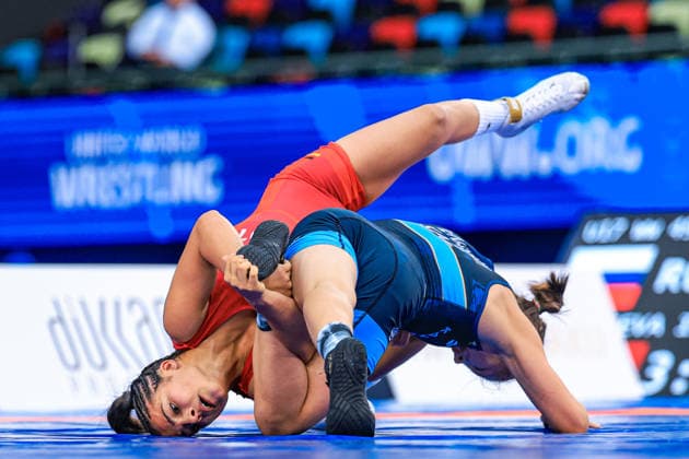 U17, U 17 Wrestling World Championships 49kg WW - Ayanat Meinambay (KAZ) df. Madina Bayramova (GER) *** U17 Wrestling World Championships, 49 kg WW: Ayanat Meinambay (KAZ) def. Madina Bayramova (GER) Copyright: xUnitedxWorldxWrestlingx xAmirrezx UWW-U17-WC-BAKU-2026