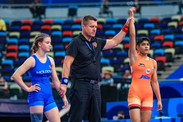 U17, U 17 Wrestling World Championships 49kg WW - Kamna Babal (IND) df. Mihaela Bacos (MDA) *** U17 Wrestling World Championships, 49 kg WW: Kamna Babal (IND) def. Mihaela Bacos (MDA) Copyright: xUnitedxWorldxWrestlingx xAmirrezx UWW-U17-WC-BAKU-2026