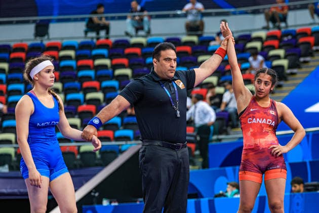 U17, U 17 Wrestling World Championships 57kg WW - Gurleen Kaur Dhillon (CAN) df. Ana Rachiteanu (MDA) *** U17 Wrestling World Championships, 57kg WW: Gurleen Kaur Dhillon (CAN) defeated Ana Rachiteanu (MDA) by fall Copyright: xUnitedxWorldxWrestlingx xAmirrezx UWW-U17-WC-BAKU-2026