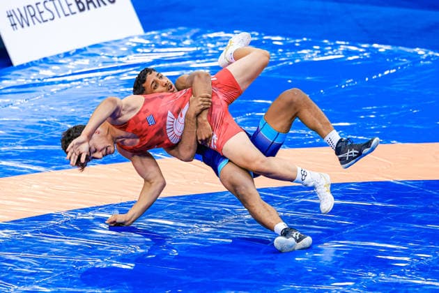 U17, U 17 Wrestling World Championships 60kg GR - Darpan Raju Chaudhari (IND) df. Pavlos Tsentidis (GRE) *** U17 Wrestling World Championships, 60 kg Greco-Roman: Darpan Raju Chaudhari (IND) def. Pavlos Tsentidis (GRE) Copyright: xUnitedxWorldxWrestlingx xAmirrezx UWW-U17-WC-BAKU-2026
