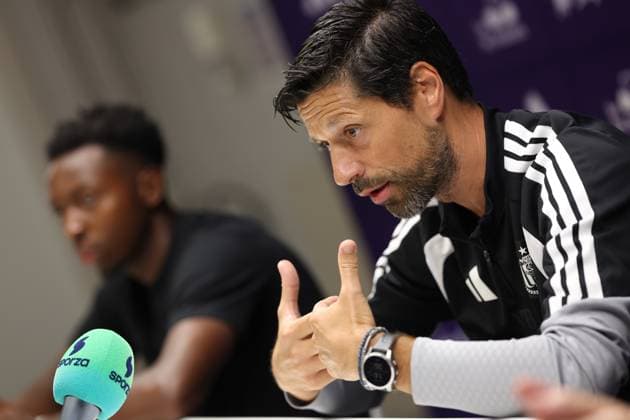 Anderlecht s Marco Kana and Anderlecht s head coach Vitor Bruno pictured during a press conference, PK, Pressekonferenz of Belgian RSC Anderlecht, Wednesday 29 July 2026 in Brussels, in preparations of the second leg of the second qualifying round for the UEFA Europa League against Swedish Hammarby IF. VIRGINIExLEFOUR  x182304158x