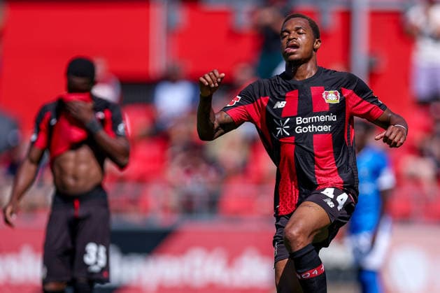 29.07.2026, Fußball, Bayer 04 Leverkusen - KRC Genk, Testspiel, Saison 2026 2027 im Ulrich-Haberland-Stadion: Torjubel nach dem Tor zum 1:0 durch Torschütze Jeanuel Belocian (Bayer04 Leverkusen 44) zusammen mit DFB regulations prohibit any use of photographs as image sequences and or quasi-video. Nordrhein-Westfalen Deutschland *** July 29, 2026, Soccer, Bayer 04 Leverkusen vs. KRC Genk, Friendly Match, 2026–2027 season at Ulrich Haberland Stadium; celebration after the 1–0 goal scored by Jeanuel Belocian; Bayer 04 Leverkusen 44; in accordance with DFB regulations, any use of photographs as image sequences and or quasi-video is prohibited; North Rhine-Westphalia, Germany