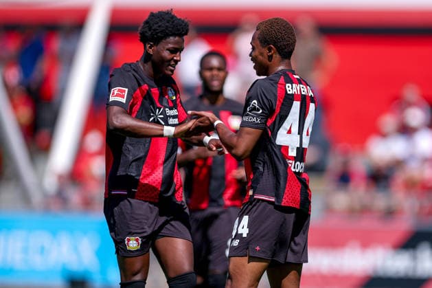 29.07.2026, Fußball, Bayer 04 Leverkusen - KRC Genk, Testspiel, Saison 2026 2027 im Ulrich-Haberland-Stadion: Torjubel nach dem Tor zum 1:0 durch Torschütze Jeanuel Belocian (Bayer04 Leverkusen 44) zusammen mit Nathan Tella (Bayer04 Leverkusen 23) DFB regulations prohibit any use of photographs as image sequences and or quasi-video. Nordrhein-Westfalen Deutschland *** July 29, 2026, Soccer, Bayer 04 Leverkusen vs. KRC Genk, Friendly Match, 2026–2027 season at Ulrich Haberland Stadium; celebration after the 1–0 goal by Jeanuel Belocian (Bayer 04 Leverkusen, No. 44) alongside Nathan Tella (Bayer 04 Leverkusen, No. 23); DFB regulations prohibit any use of photographs as image sequences and or quasi-video; NorthRhineland-Westphalia, Germany