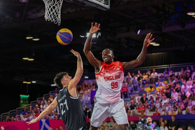RECORD DATE NOT STATED 29th July 2026; Glasgow, Scotland; 2026 Commonwealth Games, Day Seven; 3x3 Basketball semi final, England v New Zealand, Christian Martin (NZL) defends against Ashley Hamilton (ENG) RogerxEvans