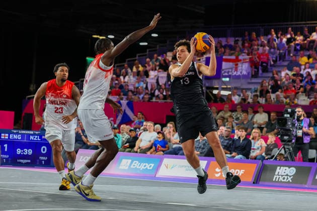 RECORD DATE NOT STATED 29th July 2026; Glasgow, Scotland; 2026 Commonwealth Games, Day Seven; 3x3 Basketball semi final, England v New Zealand, Te Tuhi Lewis (NZL) tracked by Ashley Hamilton (ENG) RogerxEvans