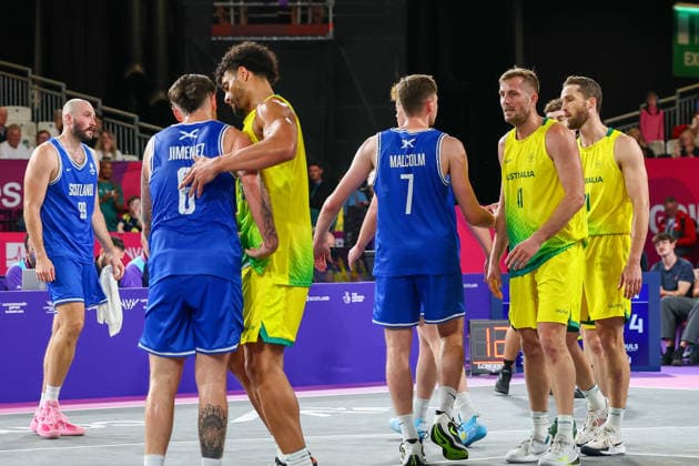 RECORD DATE NOT STATED 29th July 2026; Glasgow, Scotland; 2026 Commonwealth Games, Day Seven; 3x3 Basketball semi final, players shake after a 21-14 win for Australia RogerxEvans