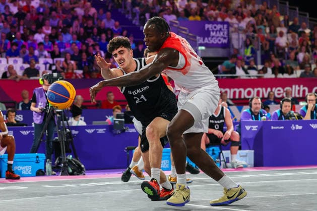 RECORD DATE NOT STATED 29th July 2026; Glasgow, Scotland; 2026 Commonwealth Games, Day Seven; 3x3 Basketball semi final, England v New Zealand, Christian Martin (NZL) and Ashley Hamilton (ENG) contest the ball RogerxEvans