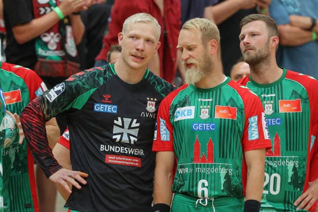 29.07.2026, xtgx, Handball Testspiel, SC Magdeburg - HSC 2000 Coburg v.l. Kapitän Magnus Saugstrup (Magdeburg, 23), Vizekapitän Matthias Musche (Magdeburg, 6) Halle *** July 29, 2026, xtgx, Handball Exhibition Match, SC Magdeburg vs. HSC 2000 Coburg; from left: Captain Magnus Saugstrup (Magdeburg), 23; Vice-Captain Matthias Musche (Magdeburg), 6; Indoor