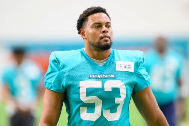 MIAMI GARDENS, FL - JULY 29: Miami Dolphins edge Cameron Goode (53) warms up during the Miami Dolphins Training Camp on August 29, 2026, at the Baptist Health Training Complex in Miami Gardens, FL. (Photo by Doug Murray Icon Sportswire) NFL, American Football Herren, USA JUL 29 Dolphins Training Camp EDITORIAL USE ONLY Icon796260729018