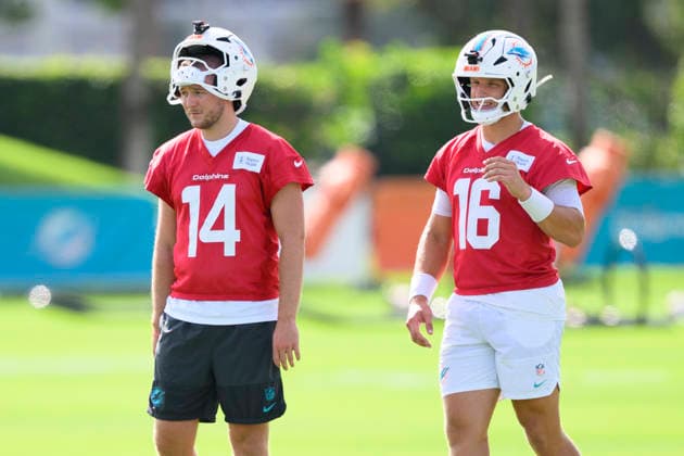 MIAMI GARDENS, FL - JULY 29: Miami Dolphins quarterbacks Quinn Ewers (14) and Mark Gronowski (16) stand on the field during the Miami Dolphins Training Camp on August 29, 2026, at the Baptist Health Training Complex in Miami Gardens, FL. (Photo by Doug Murray Icon Sportswire) NFL, American Football Herren, USA JUL 29 Dolphins Training Camp EDITORIAL USE ONLY Icon796260729029