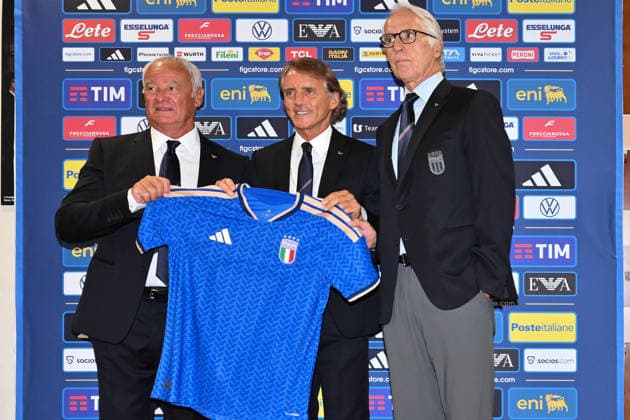 IPA87093118 - Claudio Ranieri, Roberto Mancini, and Giovanni Malago, President of the FIGC, during the press conference, PK, Pressekonferenz to introduce the head coach of the Italian national soccer team at the FIGC (Italian Soccer Federation) headquarters on July 29, 2026, in Rome, Italy.  Copyright: xDomenicoxCippitelli IPAxSportx xx 87093118