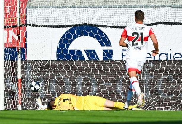29.07.2026, xpsx, Fussball Testspiel, Kickers Offenbach - VfB Stuttgart v.l. celebrate the goal, Torjubel zum 0:2 Johannes Brinkies (Offenbacher Kickers) Torschütze Chris Führich (VfB Stuttgart) (DFL DFB REGULATIONS PROHIBIT ANY USE OF PHOTOGRAPHS as IMAGE SEQUENCES and or QUASI-VIDEO) emspor Offenbach *** July 29, 2026, xpsx, Soccer Friendly Match, Kickers Offenbach vs. VfB Stuttgart—celebrating the goal, Goal celebration for the 0–2 score: Johannes Brinkie, Offenbach Kickers; goal scorer Chris Führich, VfB Stuttgart. DFL and DFB regulations prohibit any use of photographs as image sequences and or quasi-video. emspor Offenbach