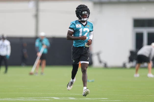 JACKSONVILLE, FL - JULY 29: Jacksonville Jaguars wide receiver Travis Hunter (12) runs during training camp on July 29, 2026 at the Miller Electric Center in Jacksonville, Fl. (Photo by David Rosenblum Icon Sportswire) NFL, American Football Herren, USA JUL 29 Jaguars Training Camp EDITORIAL USE ONLY Icon260729224510