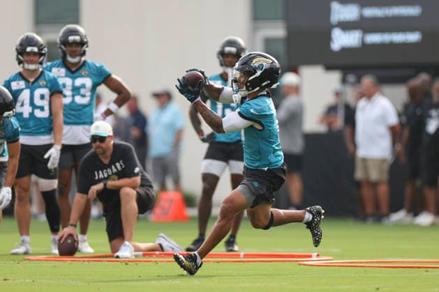 JACKSONVILLE, FL - JULY 29: Jacksonville Jaguars wide receiver Michael Wortham (0) works on a drill during training camp on July 29, 2026 at the Miller Electric Center in Jacksonville, Fl. (Photo by David Rosenblum Icon Sportswire) NFL, American Football Herren, USA JUL 29 Jaguars Training Camp EDITORIAL USE ONLY Icon260729224551
