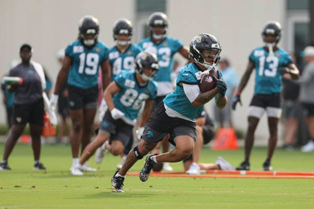 JACKSONVILLE, FL - JULY 29: Jacksonville Jaguars wide receiver Michael Wortham (0) works on a drill during training camp on July 29, 2026 at the Miller Electric Center in Jacksonville, Fl. (Photo by David Rosenblum Icon Sportswire) NFL, American Football Herren, USA JUL 29 Jaguars Training Camp EDITORIAL USE ONLY Icon260729224554