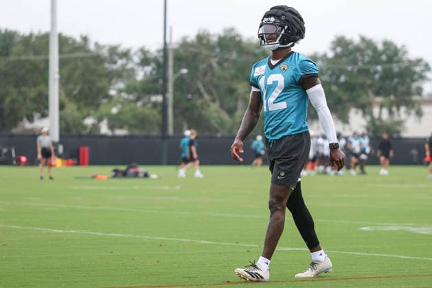JACKSONVILLE, FL - JULY 29: Jacksonville Jaguars wide receiver Travis Hunter (12) during training camp on July 29, 2026 at the Miller Electric Center in Jacksonville, Fl. (Photo by David Rosenblum Icon Sportswire) NFL, American Football Herren, USA JUL 29 Jaguars Training Camp EDITORIAL USE ONLY Icon260729224585