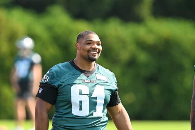 PHILADELPHIA, PA - JULY 29: Philadelphia Eagles offensive lineman Willie Lampkin 61 reacts during the Philadelphia Eagles training camp on July 29th, 2026 at Jefferson Health Training Complex in Philadelphia, PA. (Photo by Terence Lewis Icon Sportswire) NFL, American Football Herren, USA JUL 29 Eagles Training Camp EDITORIAL USE ONLY Icon260729006